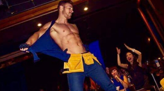 Stage production photos used by Charleston male revue booking sites sourced from national touring shows, not local events
