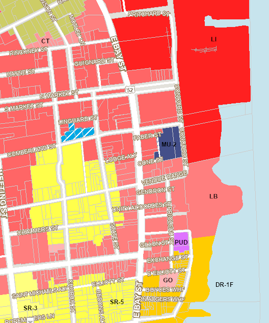 Charleston SC zoning map showing East Bay Street zoned as Limited Business, prohibiting sexually oriented businesses