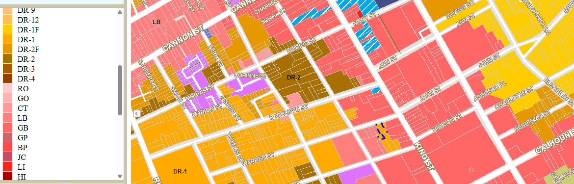 Charleston SC zoning map showing King Street and Ann Street zoned as Limited Business and General Business, prohibiting adult entertainment